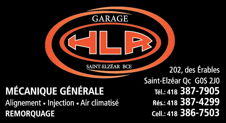 Carte d’affaires du Garage HLR indiquant mécanique générale, alignement, injection, air climatisé et remorquage.